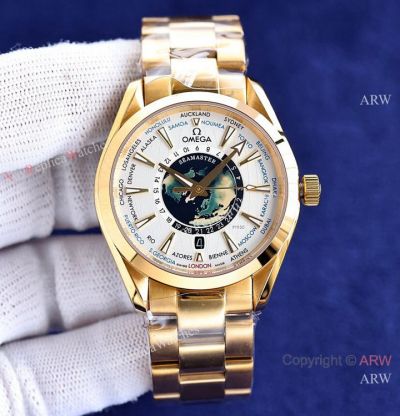 AAA Quality Copy Watch Omega Aqua Terra Worldtimer watch Yellow Gold Case